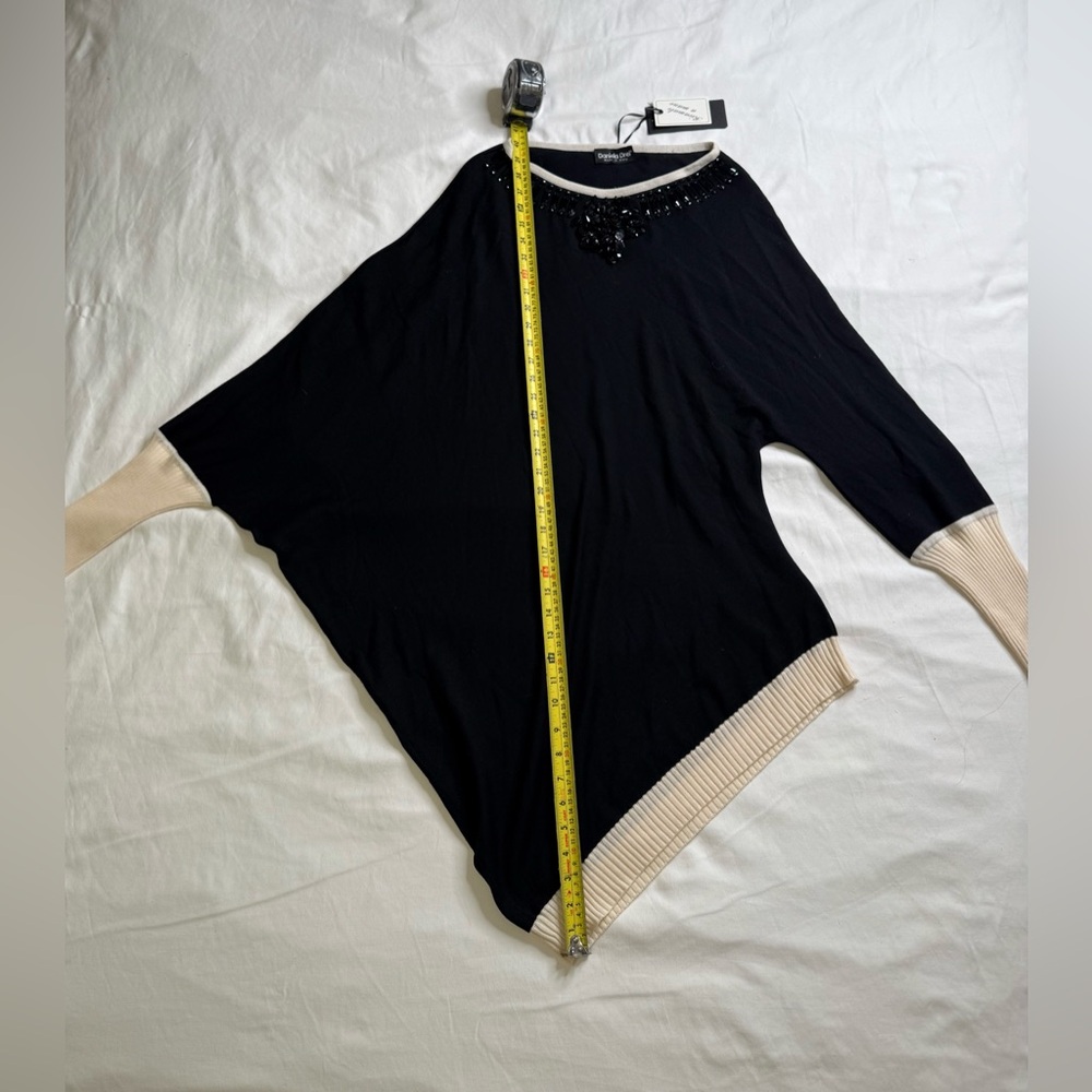 Daniela Drei Italian Merino Wool Asymmetric Sweater Black Cream Beaded Sz L NWT - Picture 8 of 11